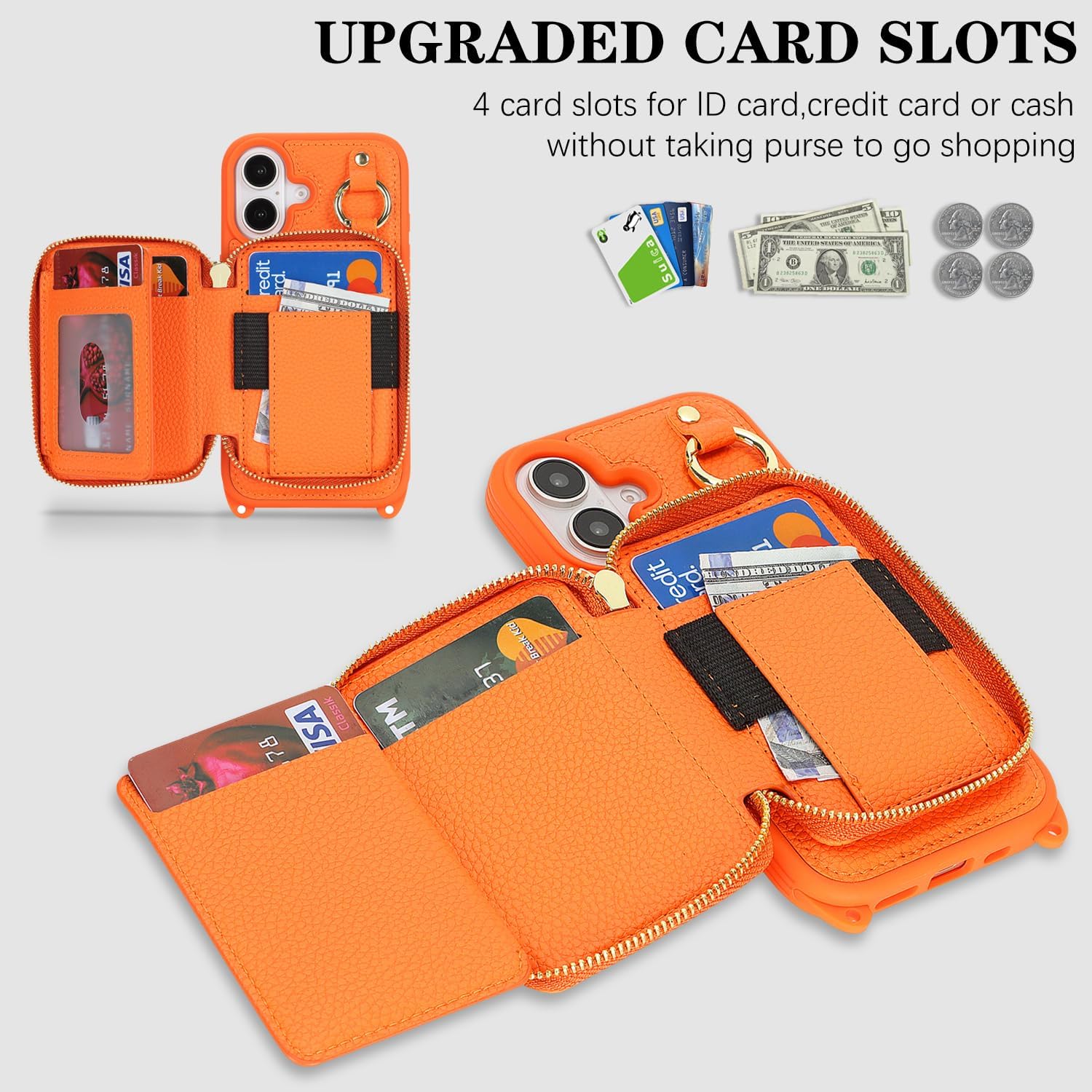 Cavor for iPhone 17 Wallet Case with Card Holder for Women Men, for iPhone 17 Case with Strap, Crossbody Lanyard Phone Case, Magnetic Detachable Compatible with Magsafe-Orange