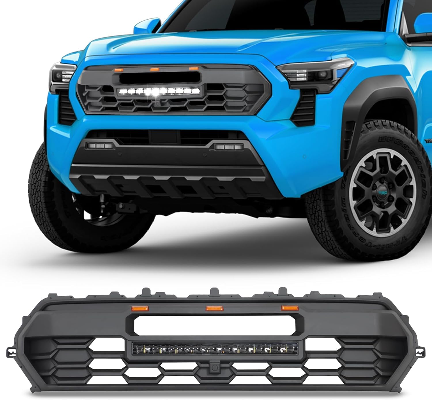 2024 T-acoma Replacement Grille, 2025 Front Hollow Grill Replacement Compatible for T-ACOMA 2024 2025 Black Matte Bumper ABS Grille with LED Lights