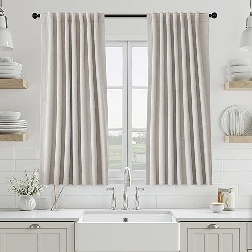UHITECH Cortinas opacas de lino natural para sala de estardormitorio, ventana pequeña de 54 pulgadas de largo, juego de 2 paneles de cortina negra