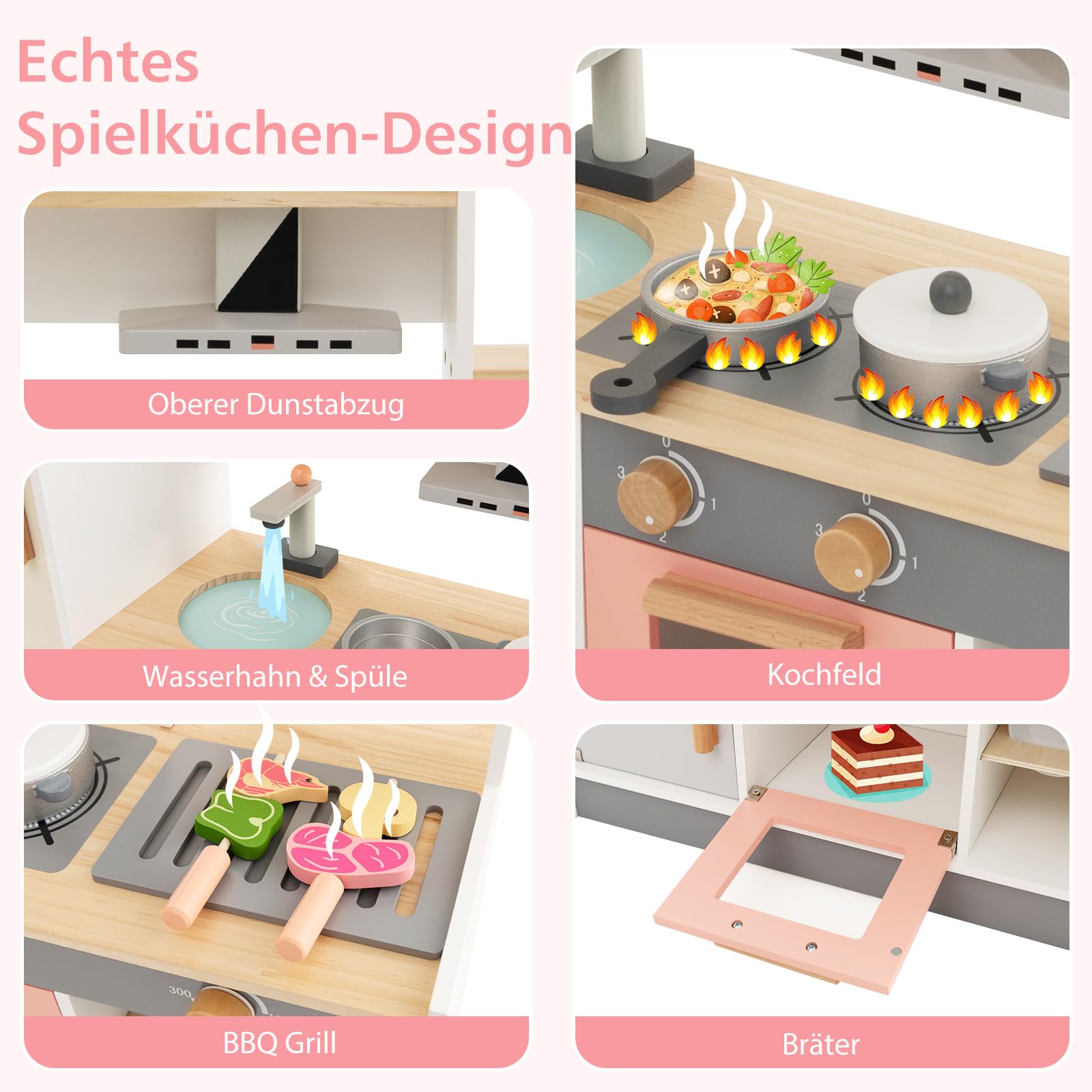 COSTWAY Kinderküche Holz, Spielküche mit Dustabzughaube, Kühlschrank, Wasserhahn & Küchenutensilien, Holzküche Spielzeugküche mit Stauraum für Kinder ab 3 Jahren