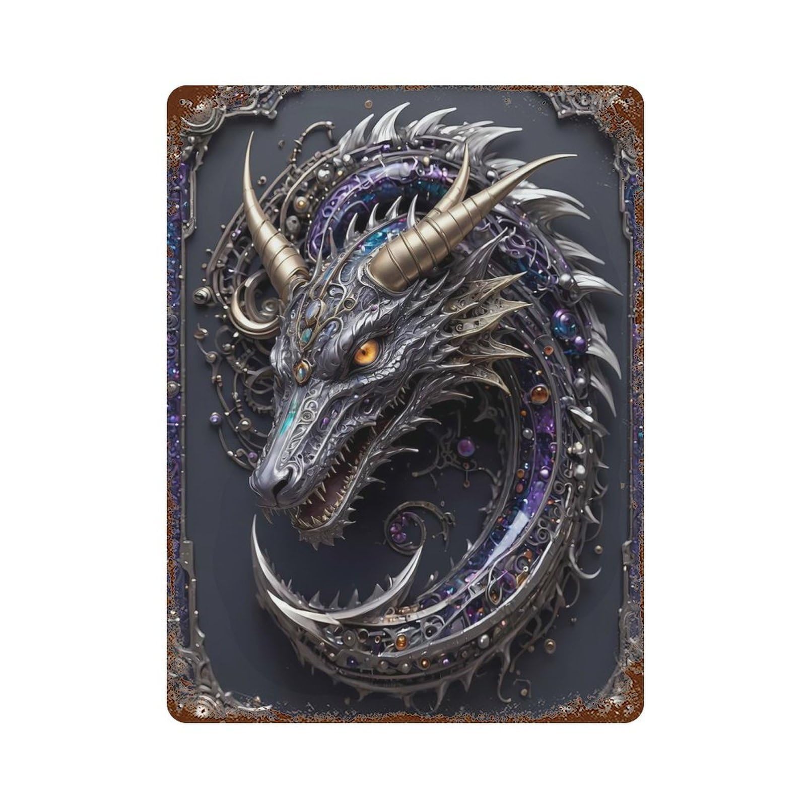 Royal Silver Cyber Dragon Rustic Tin Plaque 15.7"x11.8", for Pub, Kitchen And Man Cave Decor, Vintage Wall Decor
