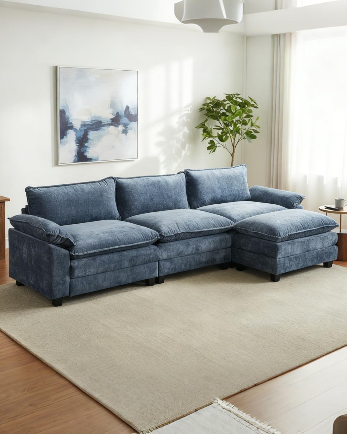 Karl Home Modular Deep Seat Sofa Couch with Ottoman, Chenille Sofa Sleeper Comfy Upholstered Furniture for Living Room, Apartment, Studio, Office, (3-Seat & 1-Ottoman, Dusty-Blue)