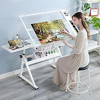 Roockky Drafting Table with Stool - 0-75° Tilting Tempered Glass Top, 27.5-37.5" Adjustable Height, Multi-Storage Art Desk for Artists, White