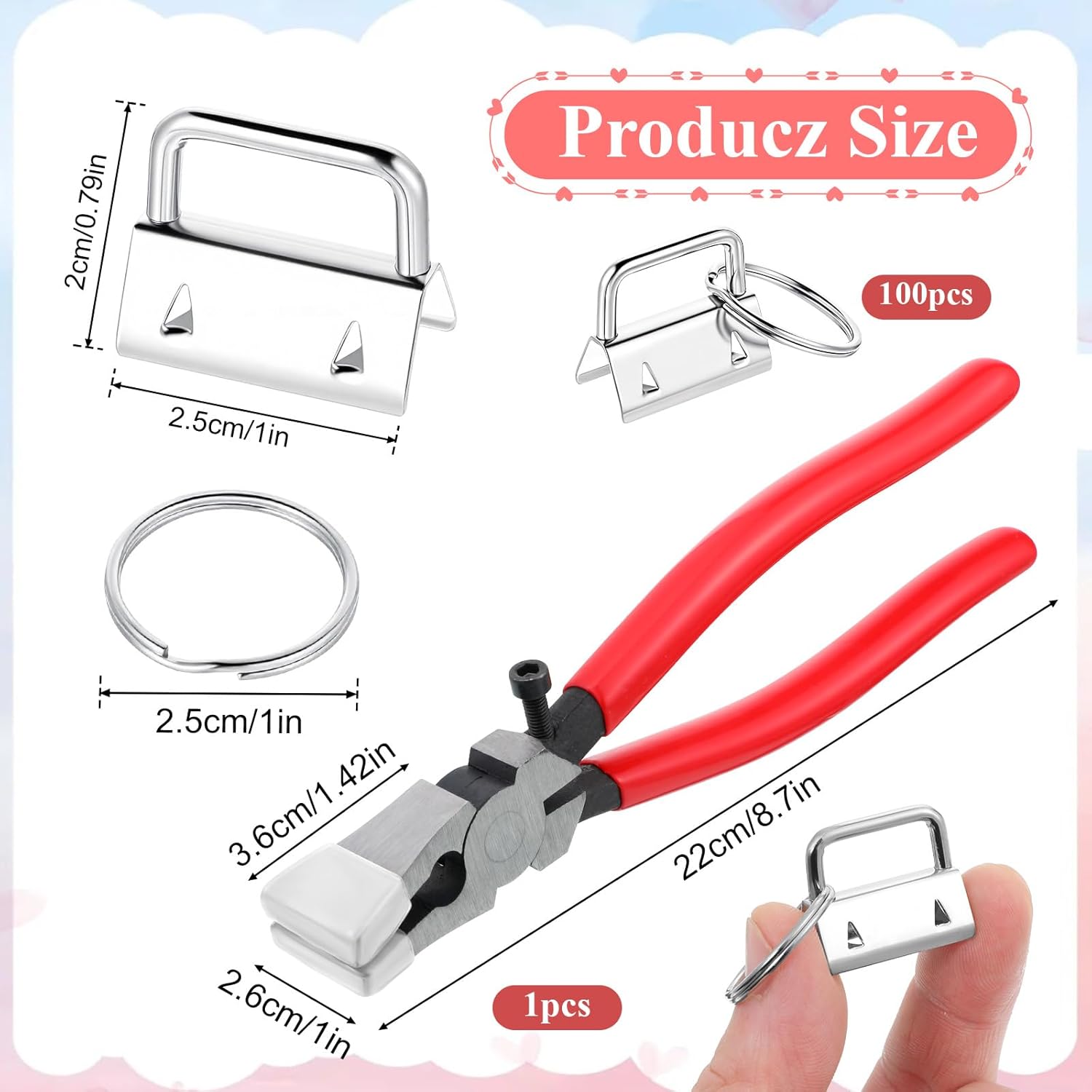 Key Fob Hardware Set, 100 Pcs Lanyard Key Fob Hardware 1 Inch with Pliers Tool Keychain Hardwares for Keychain And Wristlet Clamp Hardwares Supplies