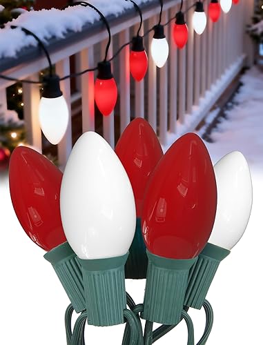 Miniatura 12 de Luces de Navidad C9 rojas y blancas de 25 pies, cadena de luces de Navidad C9 impermeables con 26 bombillas rojas y blancas, luces de Navidad Luz