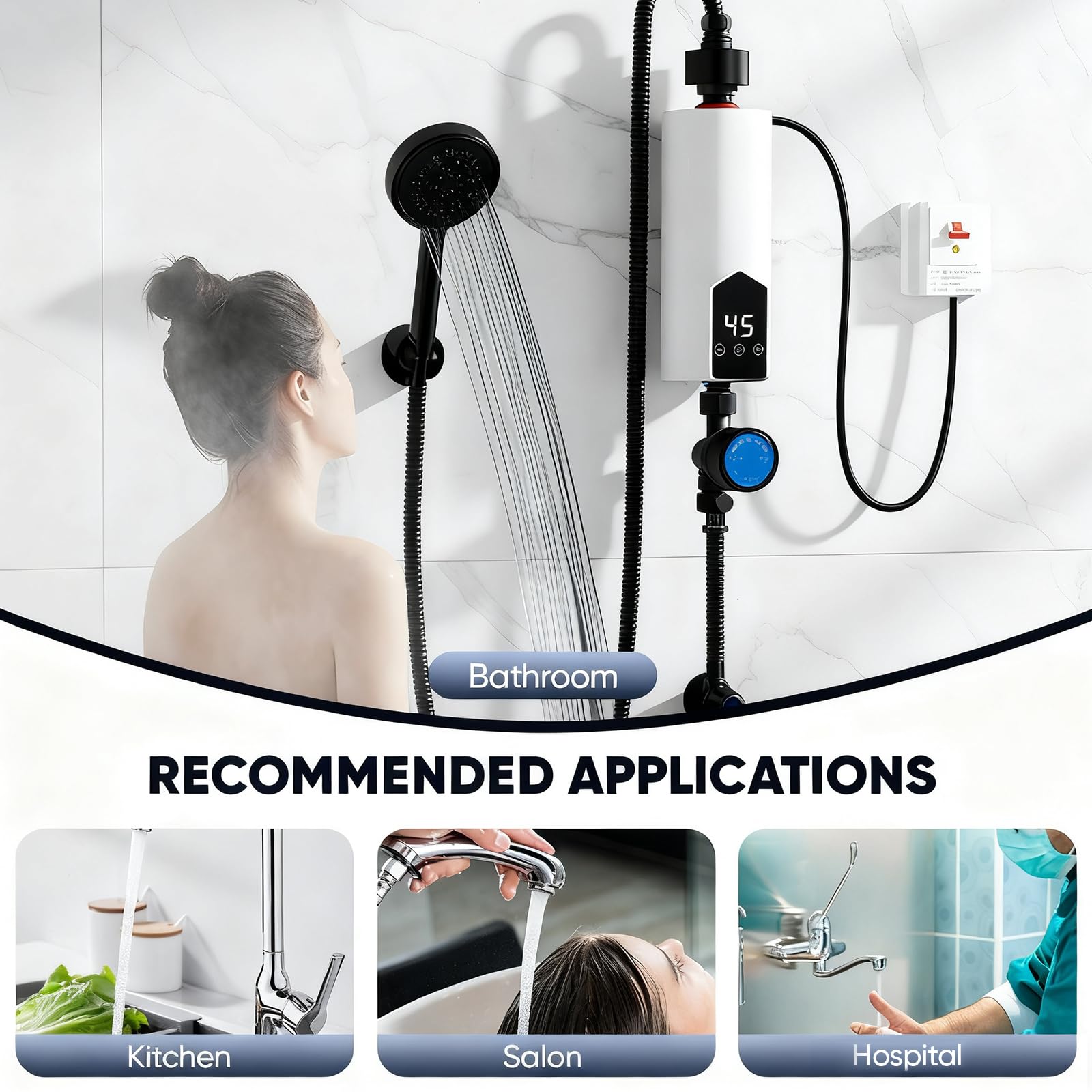 Calentador de agua sin depósito de 5500 W con juego de ducha, calentador de agua instantáneo de 220 V con pantalla digital LCD y botones táctiles, adecuado para ducha, baño/cocina/lavabo (F)