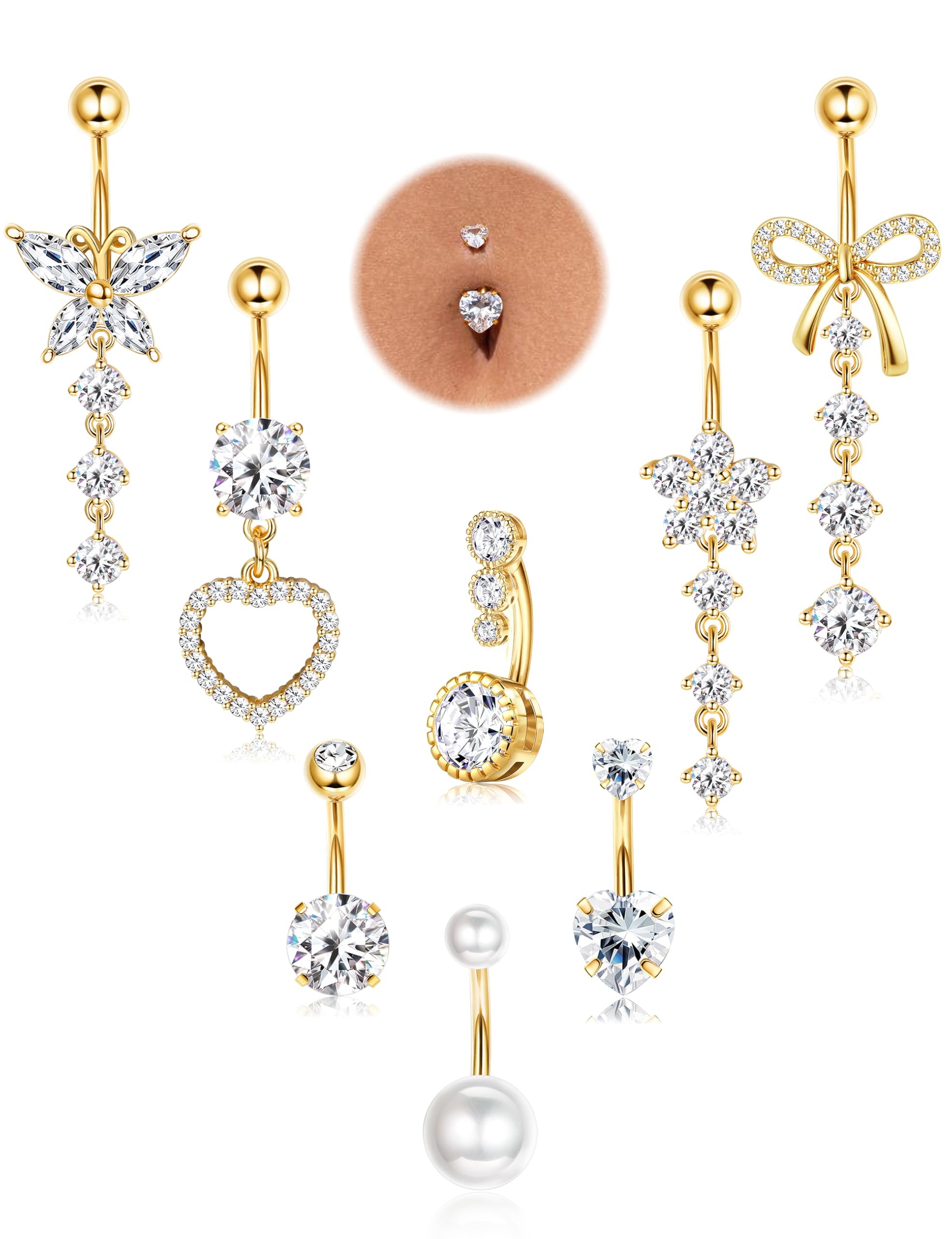JeryWe 8Piezas Piercing Ombligo Acero Quirurgico Kit Piercing Nombril Hipoalergénicos Anillo Ombligo Colgante Acero Inoxidable 14G Cubic Zirconia Set Piercings Oro/Plata