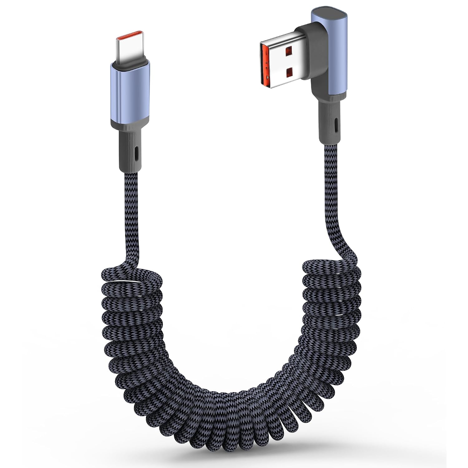 Braided Coiled USB-C Cable Right Angle USB A to USB C Spring Cord,PD 66W Fast Charging Retractable Type C Cable for Car Phone16/15/Galaxy S20 S10 S9 S8 Plus Note 10 Power bank Tablet 1ft
