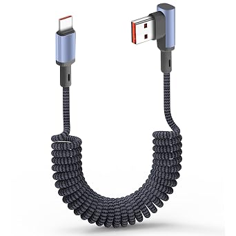 Braided Coiled USB-C Cable Right Angle USB A to USB C Spring Cord,PD 66W Fast Charging Retractable Type C Cable for Car Phone16/15/Galaxy S20 S10 S9 S8 Plus Note 10 Power bank Tablet 1ft