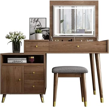 New Furniture Solid Wood Vanity, Vanity Set with Flip Mirror and Side Cabinet, Cushioned Stool, Time/Temperature+Bluetooth Setting, Computer Desk