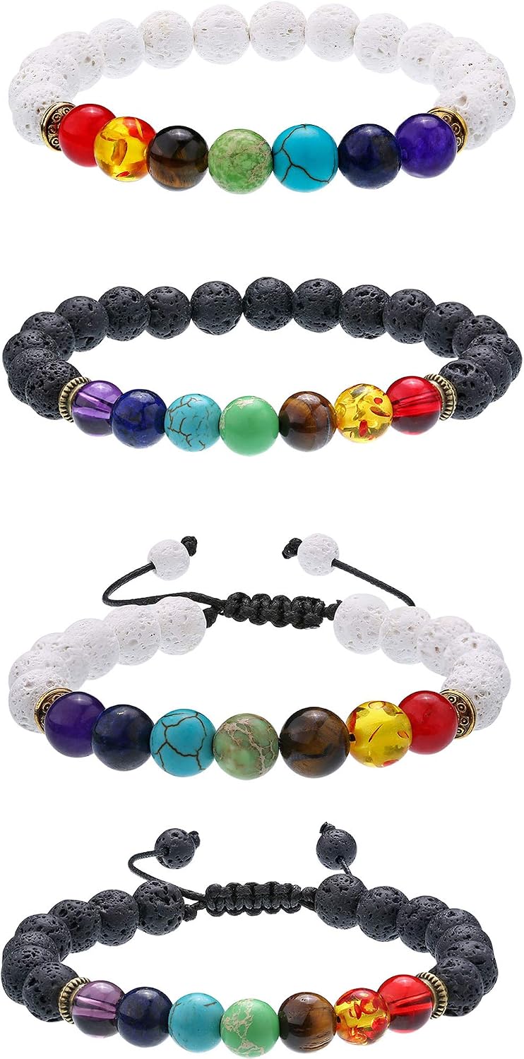 Bememo 4 Pieces Lava Stone Bracelets 7 Colors Chakra Beads, Aromatherapy Bracelets Bangles for Essential Oils (Style Set 1)