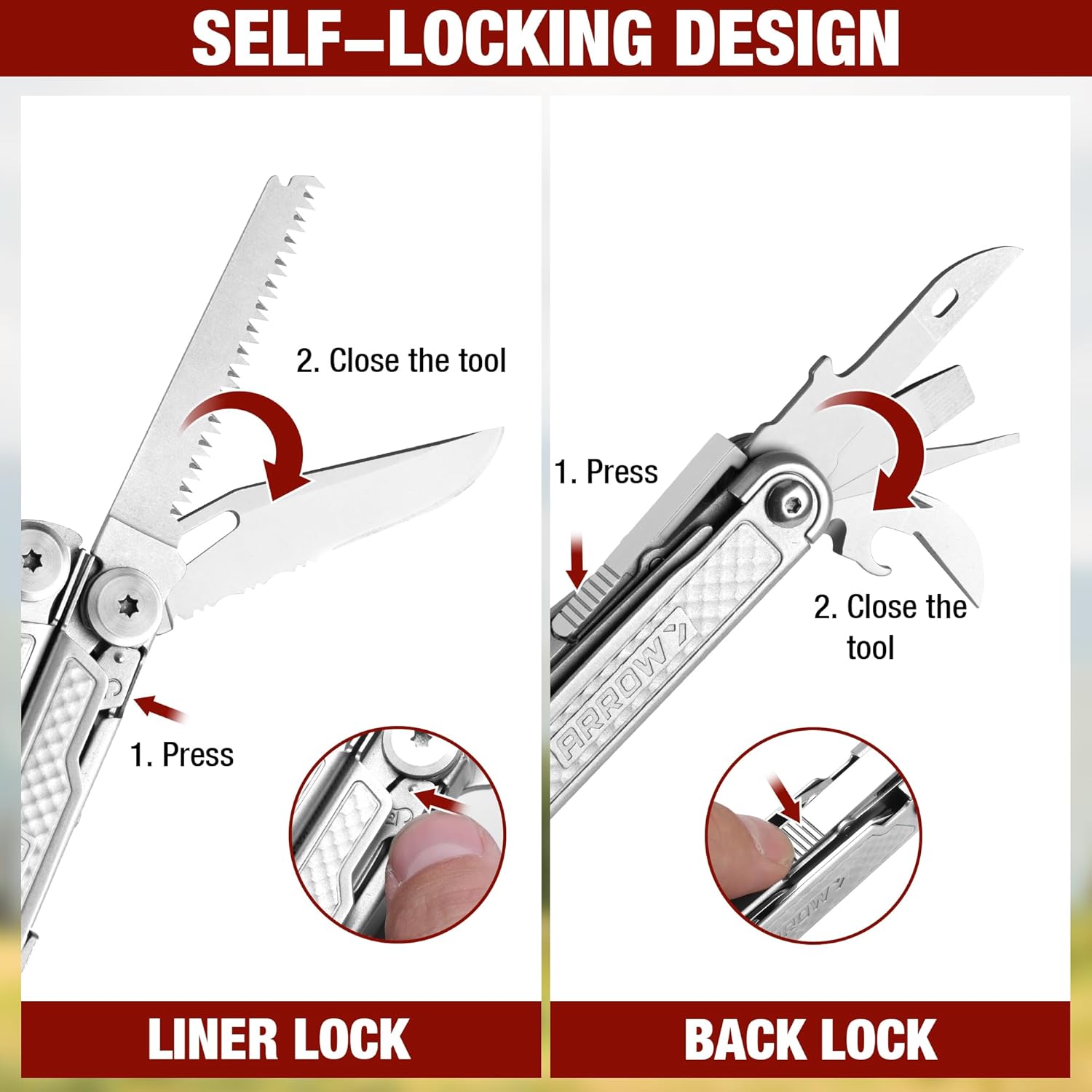 ARROW 20-In-1 Multitool, Stainless Steel Multitool Pliers with Fire Starter, Window Breaker, Whistle, EDC Multi Tool with Sheath and Pocket Clip for Outdoor, Survival, Camping, Hiking