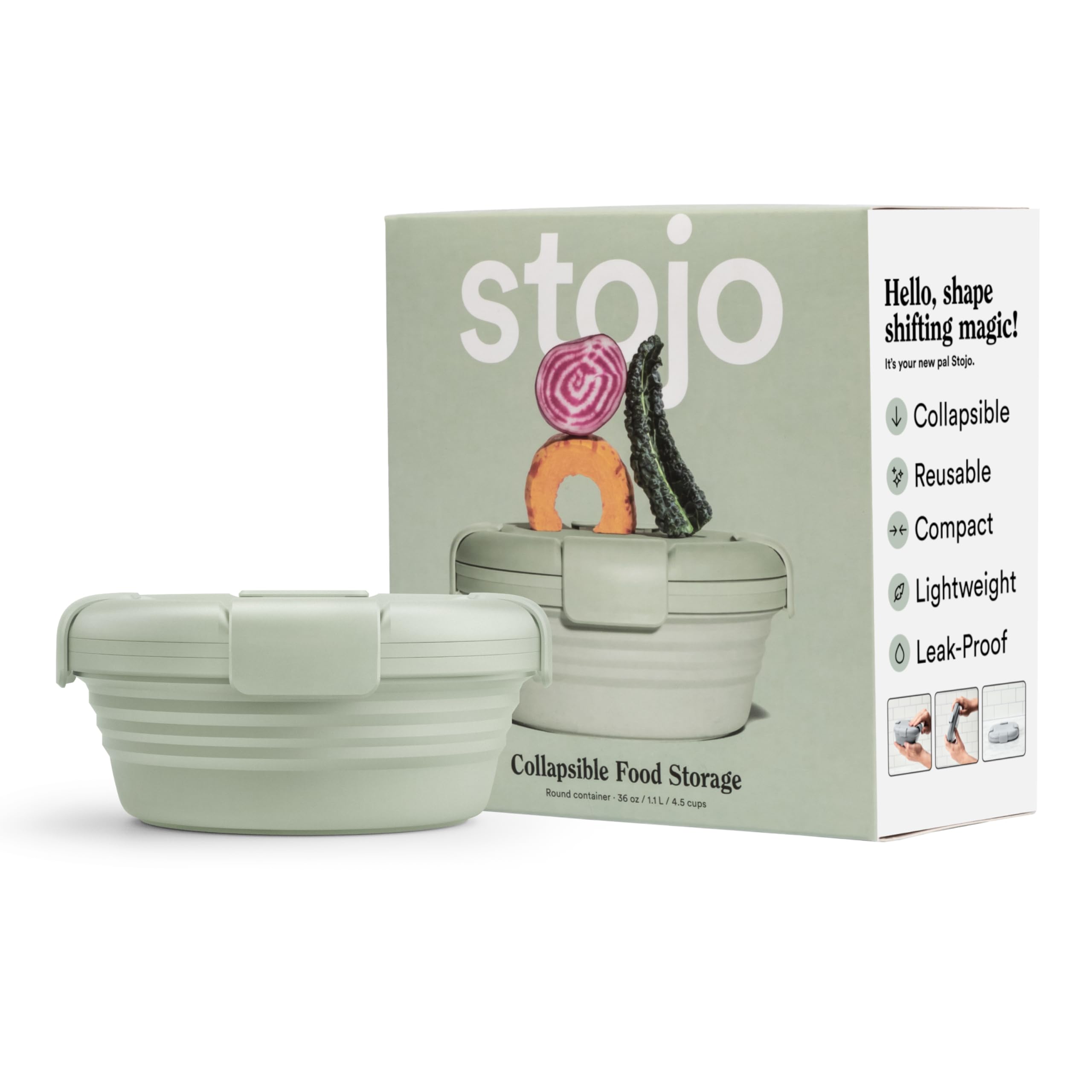 STOJO Collapsible Bowl - Sage Green, 36oz - Reusable Silicone Bowl for Hot and Cold Food - Perfect for Travel, Meal Prep, To-Go Lunch, Camping & Hiking - Microwave & Dishwasher Safe