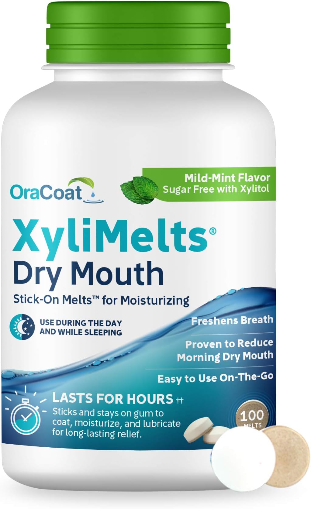 OraCoat XyliMelts Dry Mouth Relief Moisturizing Oral Adhering Discs Mild Mint with Xylitol, for Dry Mouth, Stimulates Saliva, Non-Acidic, Day and Night Use, Time Release for up to 8 Hours, 100 Count.
