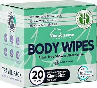 Travel Body Wipes for Women - 20 XL Shower Wipes for Adults Bathing No Rinse - Individually Wrapped 10”x10” Disposable Washcloths - Feminine Hygiene Essentials, Gym, Backpacking, Camping Must Haves