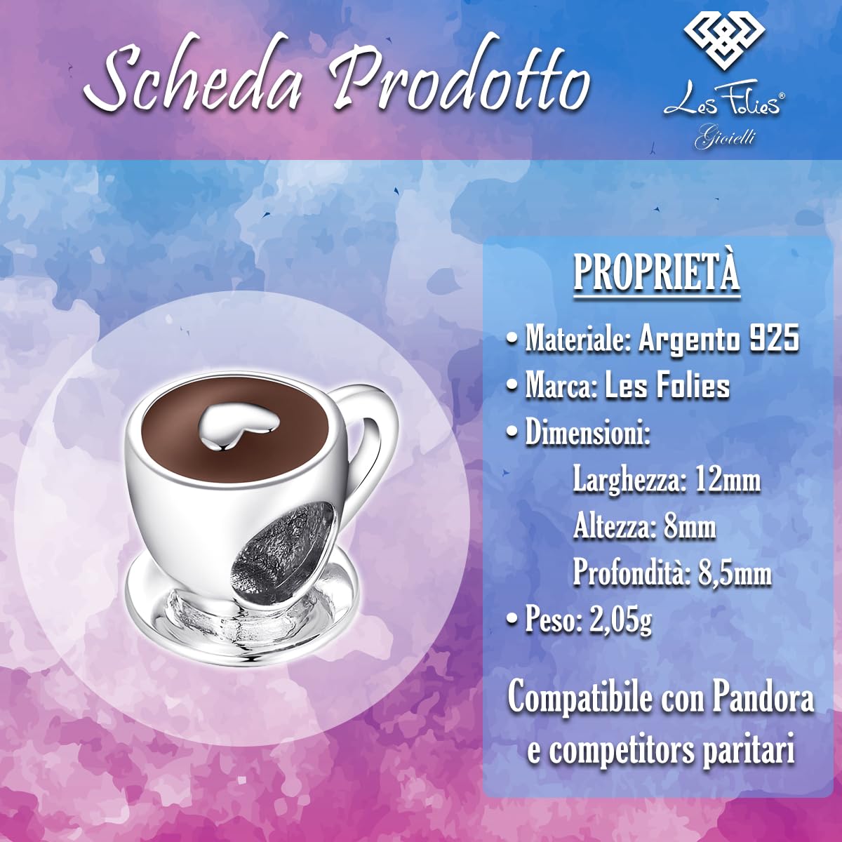 Charm Tazzina da Caffè Bar Cappuccino Cuore in argento 925 - Les Folies per Pandora
