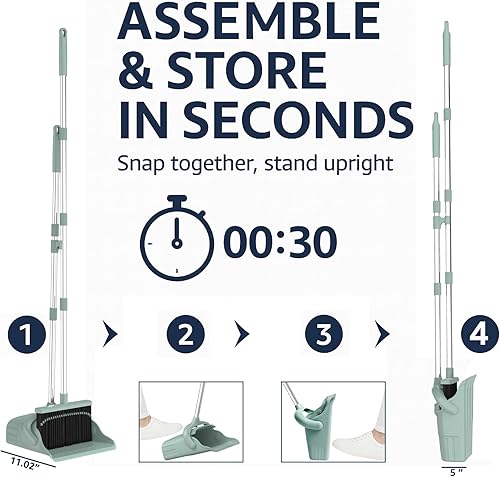 Miniatura 7 de Juego combinado de escoba con recogedor  Juego de escoba y recogedor de mango largo de 52 pulgadas con dientes autolimpiantes, bandeja para polvo de