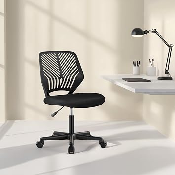 Yaheetech Armless Home Office Chair, Compact Adjustable Swivel Seat, Black | Padded mesh seat and ventilated resin back, an armless height-adjustable frame rolls under desks in home offices, holds 300lb
