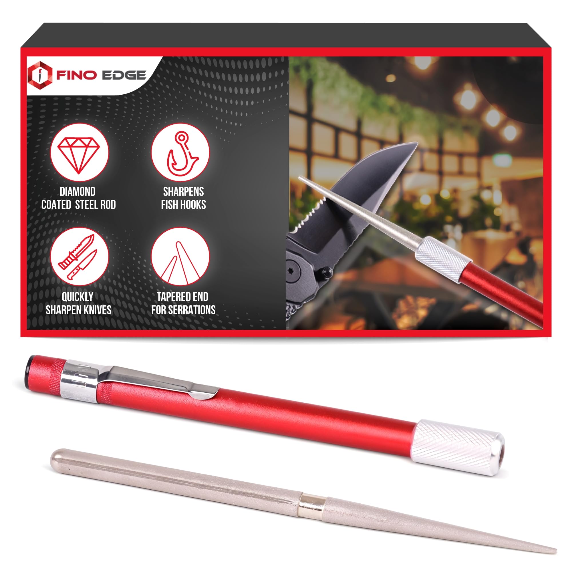 Serrated Knife Sharpener Rod - Retractable Diamond Sharpening Rod - Ultra Portable Diamond Knife Sharpener Rod - Mini Pocket Sharpener for Outdoor Hunting Fishing (FE-RDSR)