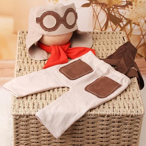 Miniatura 2 de Ylsteed Conjunto de fotografía para recién nacido, sombreros de piloto, pantalones con tirantes, bufanda, trajes de sesión de fotos de 3 piezas para