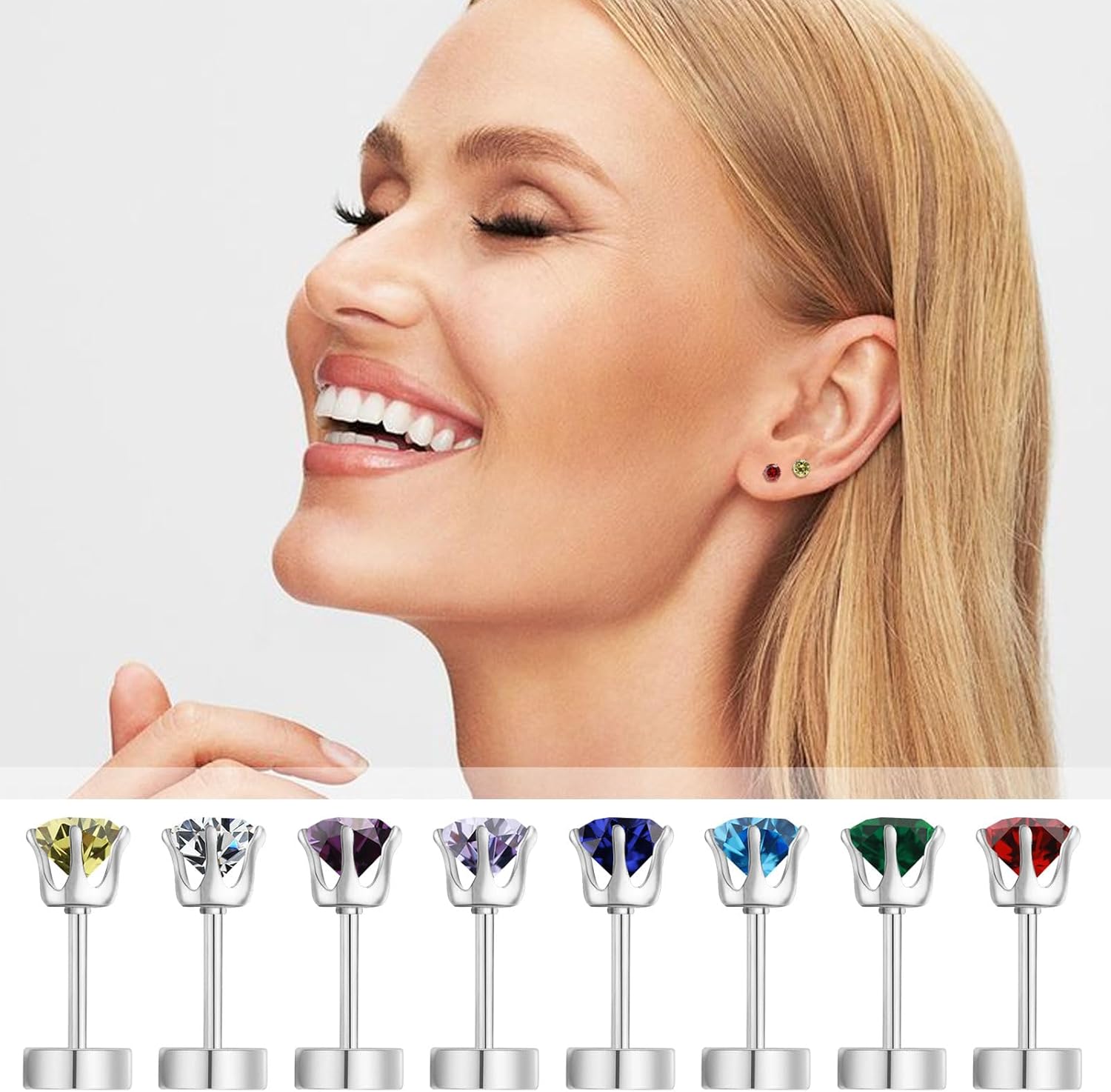 Hypoallergenic Birthstone Stud Earrings for Women Brilliant Cut Round Cubic Zirconia Flat Back Earrings Surgical Steel Cartilage Earrings for Sensitive Ears - Image 4