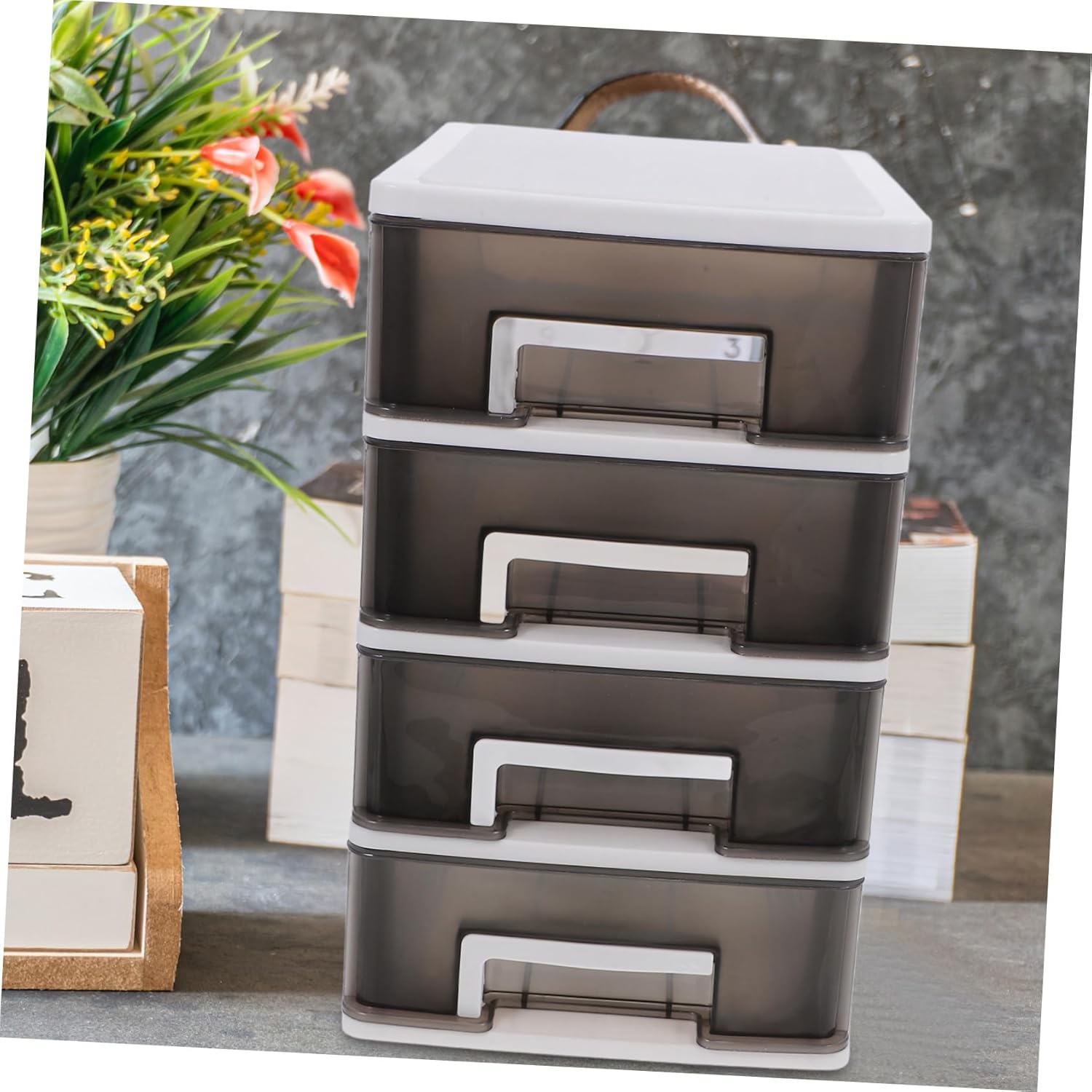 Plastic Storage Drawers, 4 Layer Transparent Black Storage Organizer Cabinets Drawer Organizer Chest Box Table Holder Stacking Chest Tower Unit for Desktop Home Bathroom School