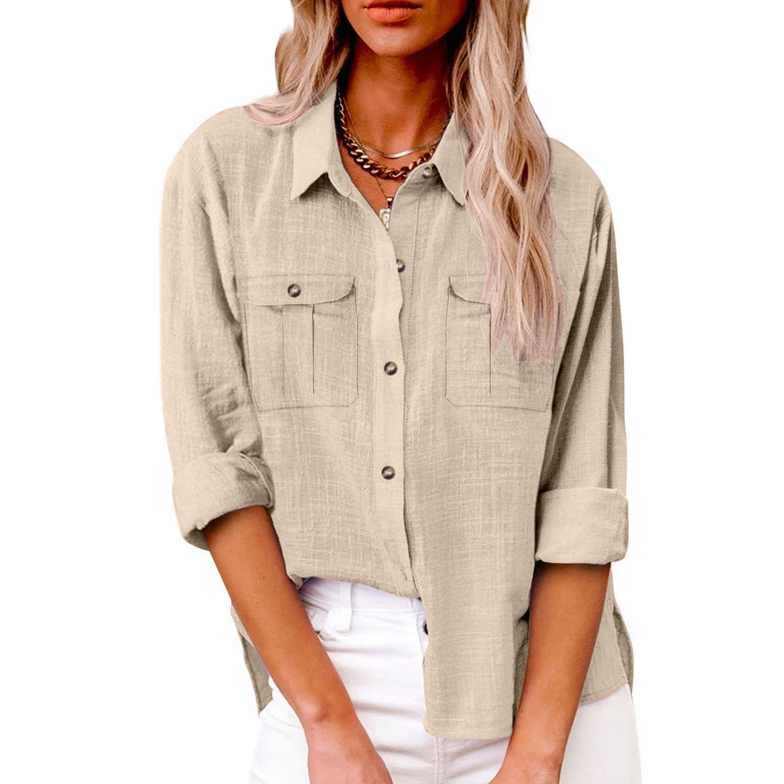 Chemises en gaze de lin pour femme 2026 tendance décontractée à manches longues boutonnées en mousseline d'été solide et ample, tunique en lin et coton pour femme, col léger, fendue sur le côté