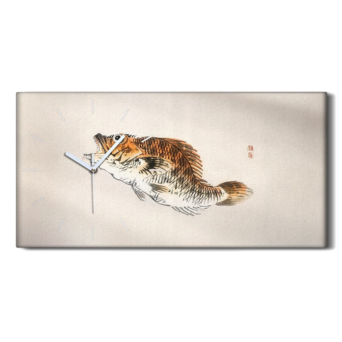 Horloge sur Toile Silencieuse Décoration Salon 60x30cm Image Art Mural Moderne Poisson Asiatique