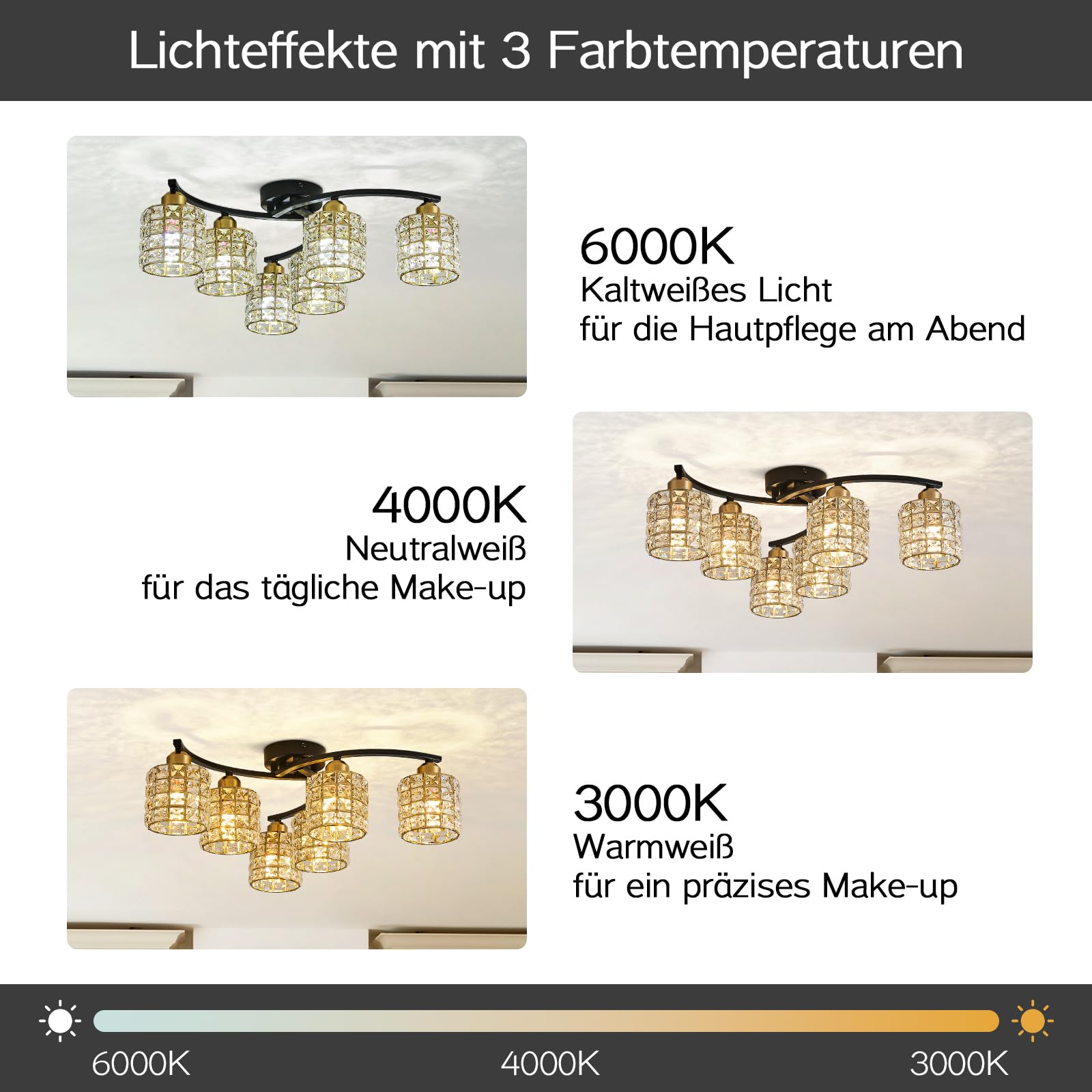 Moderne Kristall Deckenleuchte Schwarze und Gold Vintage Deckenlampe 6-Lichter Design Luxus K9 Kristall Kronleuchter für Schlafzimmer Wohnzimmer Esszimme