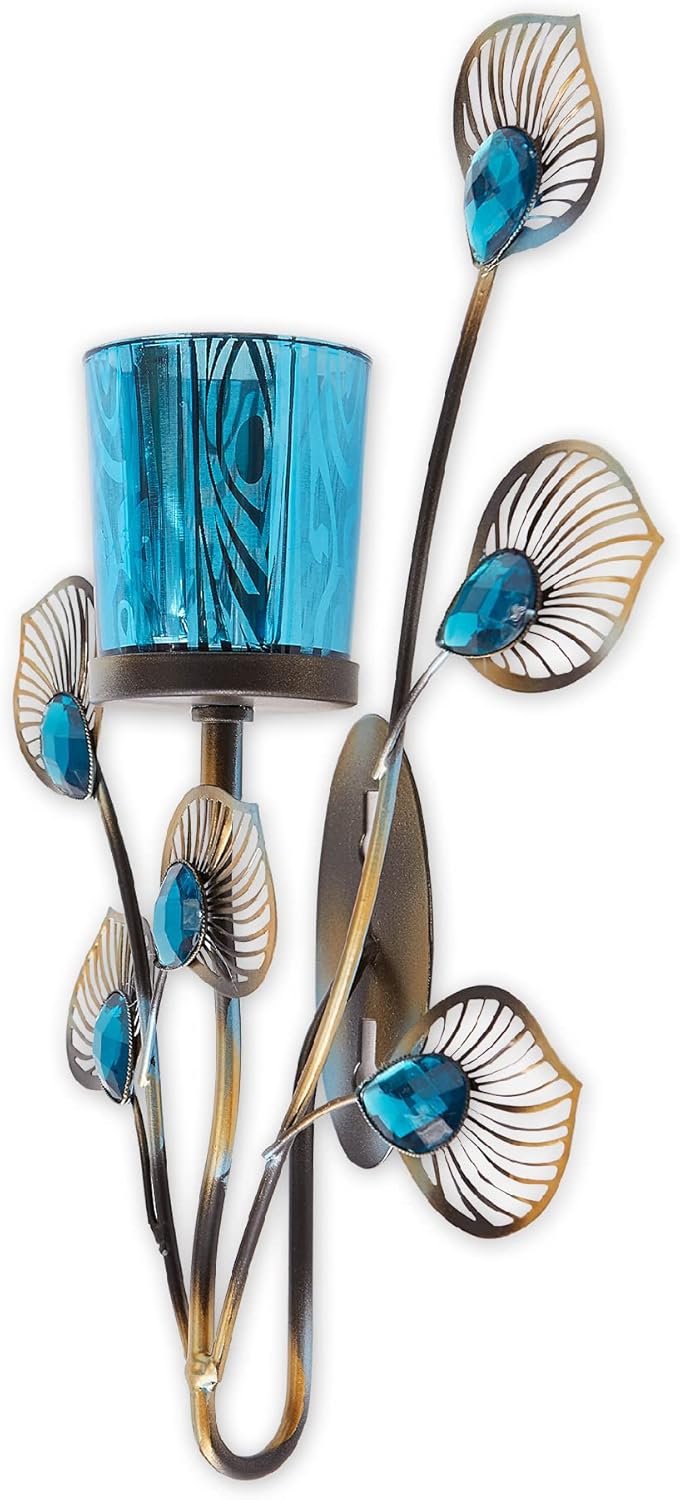 Zingz & Thingz Exotic Peacock Plume Collection Tealight & Candle Lighting, 6.75x2.25x10.75, Wall Sconce Single