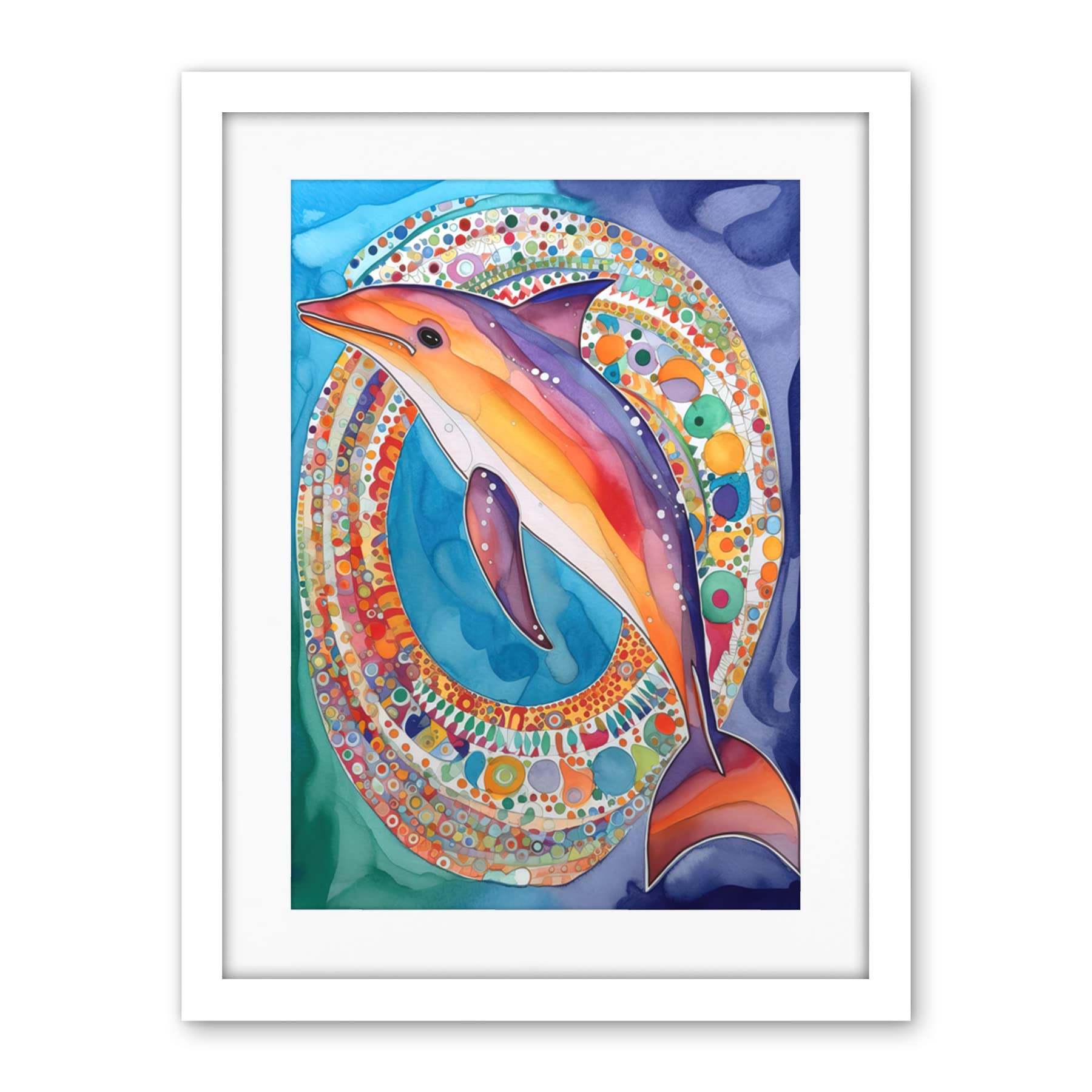 Artery8 Rainbow Dolphin And Pattern Hoop Folk Art Watercolour Painting Artwork Framed Wall Art Print 18X24 Inch