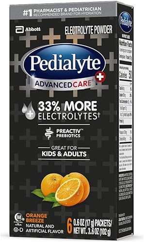 Miniatura 13 de Pedialyte AdvancedCare Plus Electrolyte Powder, tiene un 33% más de electrolitos y prebióticos PreActiv, brisa de naranja, 6 paquetes de polvo