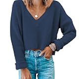 Jumppmile Womens V Neck Waffle Knit Cropped Top Long Sleeve Pullover Crop Sweater