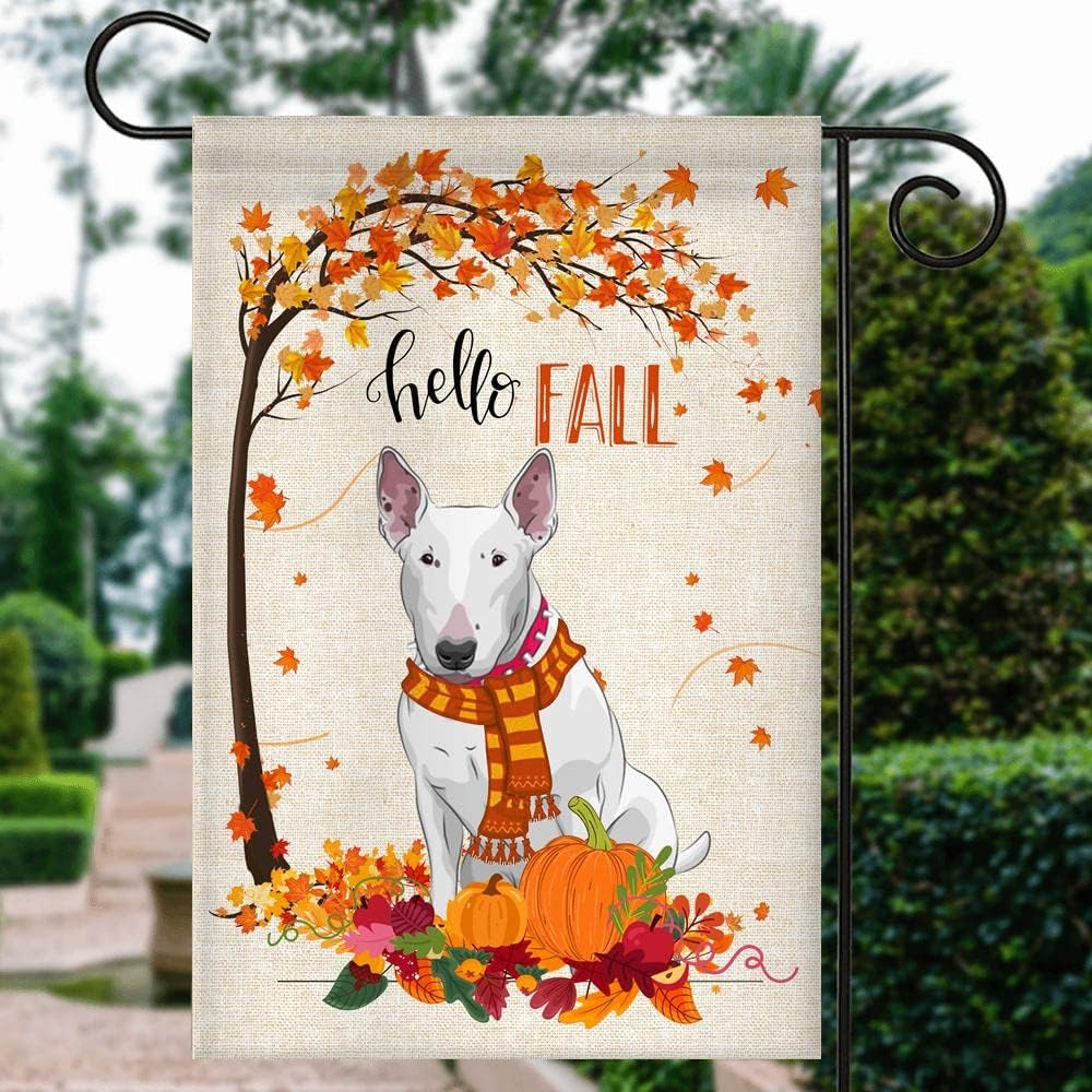 Hello Fall Bull Terrier Dog Flag Maple Leaves Orange Pumpkin Autumn (12" x 18") USA Garden Flag Premium Decorative Yard Outdoor Flags