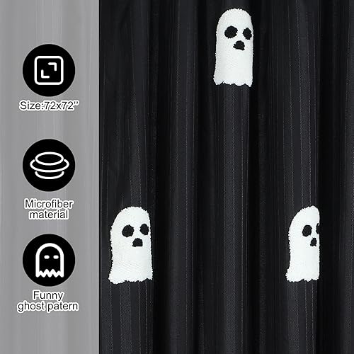 Miniatura 2 de Cortina de ducha fantasma de Halloween, 72 x 72 pulgadas, cortina de ducha de algodón espeluznante y divertida con 12 ganchos para Halloween, baño,