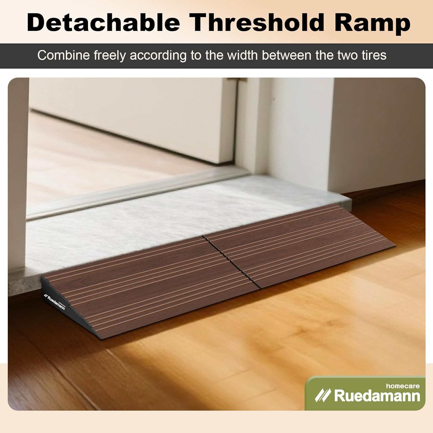 Ruedamann 2" Rise Modular Threshold Ramp for Doorways, 2200 lbs Capacity, Elegant Dark Wood Grain Door Threshold Ramp, Aluminum Non-Slip Door Ramps for Wheelchair, Walker, Scooter, Pets, 2 Pcs