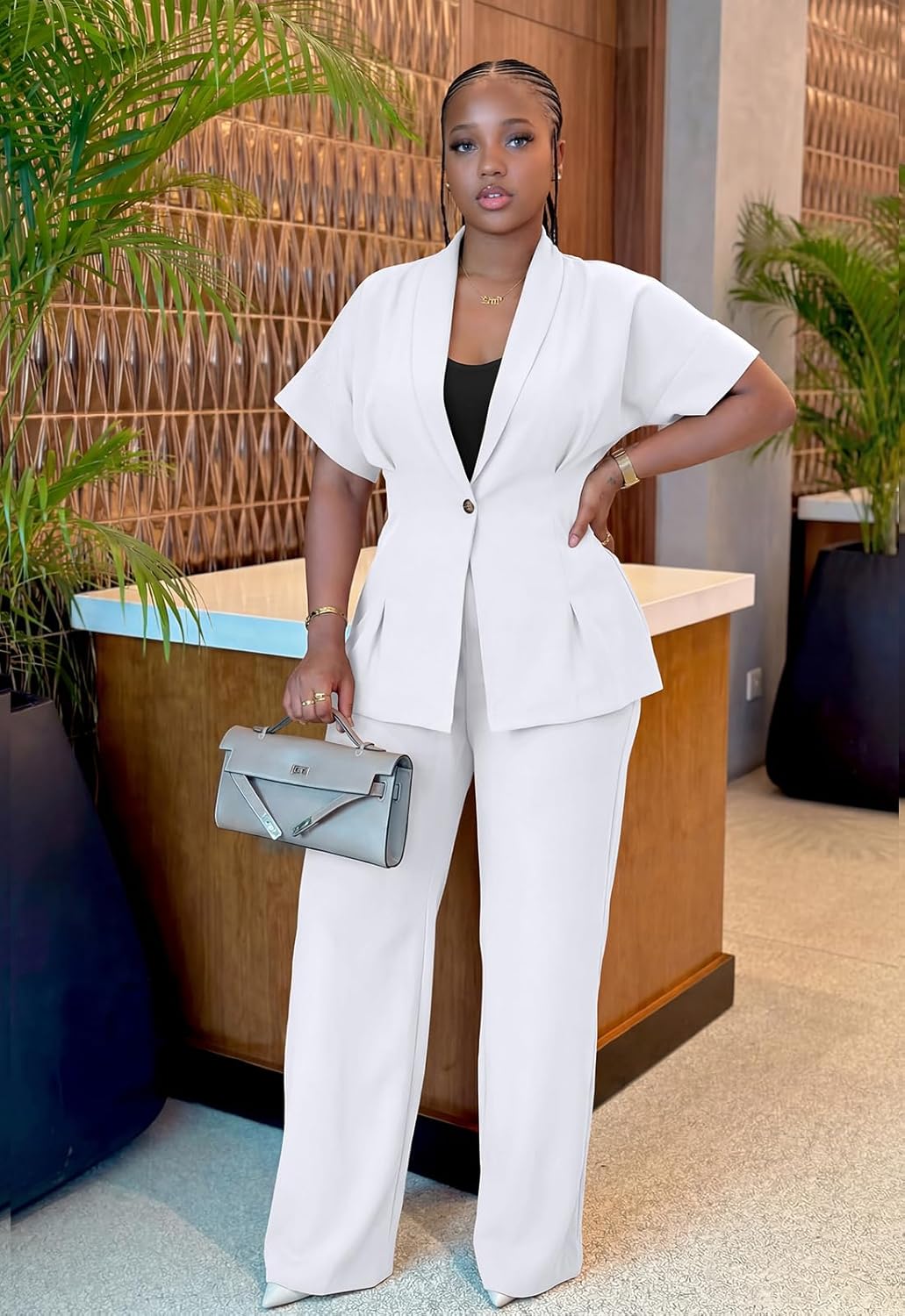 Women's 2 Piece Suit Set Short Sleeve Blazer & Wide Leg Pants Set Summer Work Pantsuit for Business Casual - Image 6