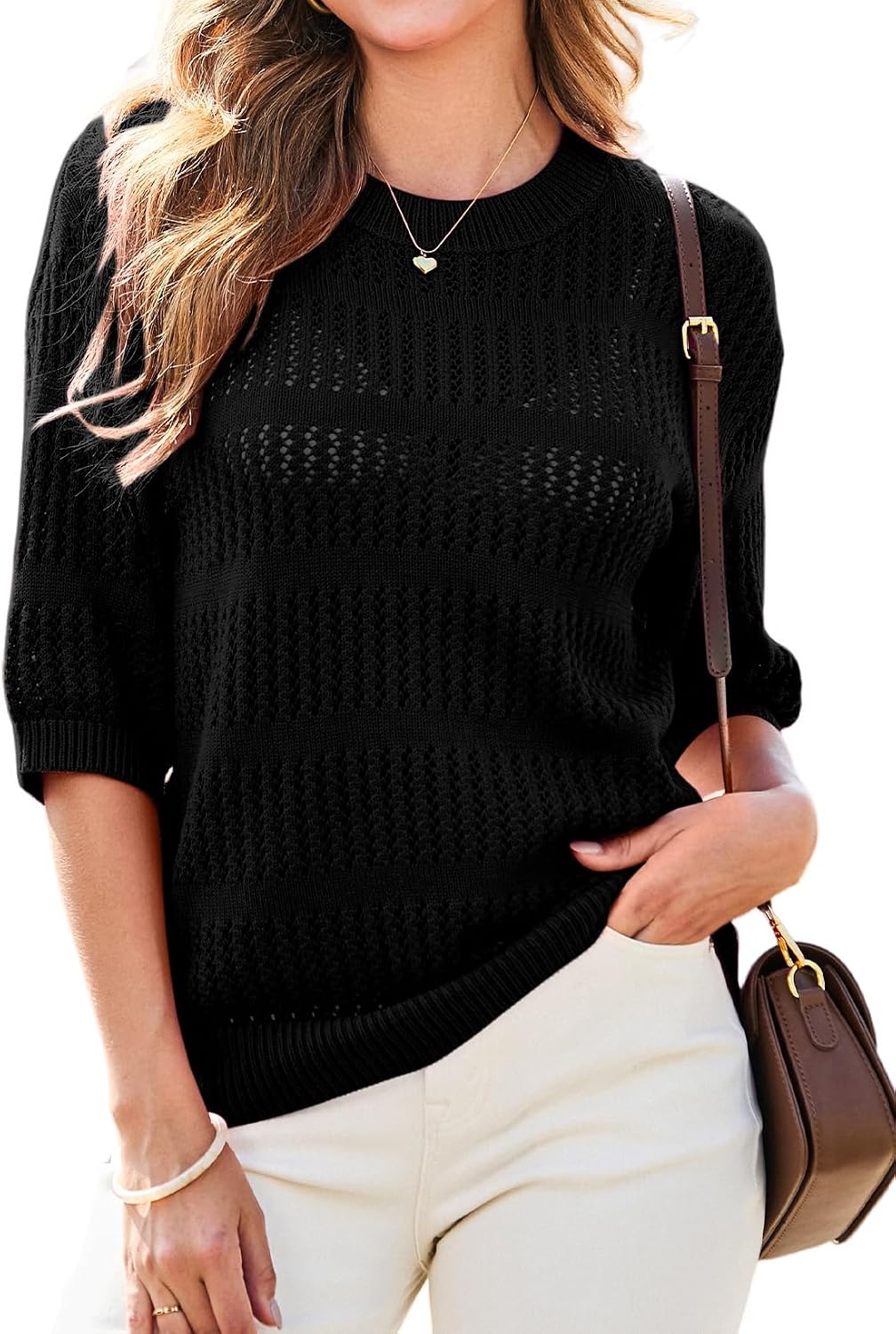 Dokotoo Womens Tops Round Neck Striped Half Sleeve Hollow Out Crochet Loose Pullover Sweaters 2026