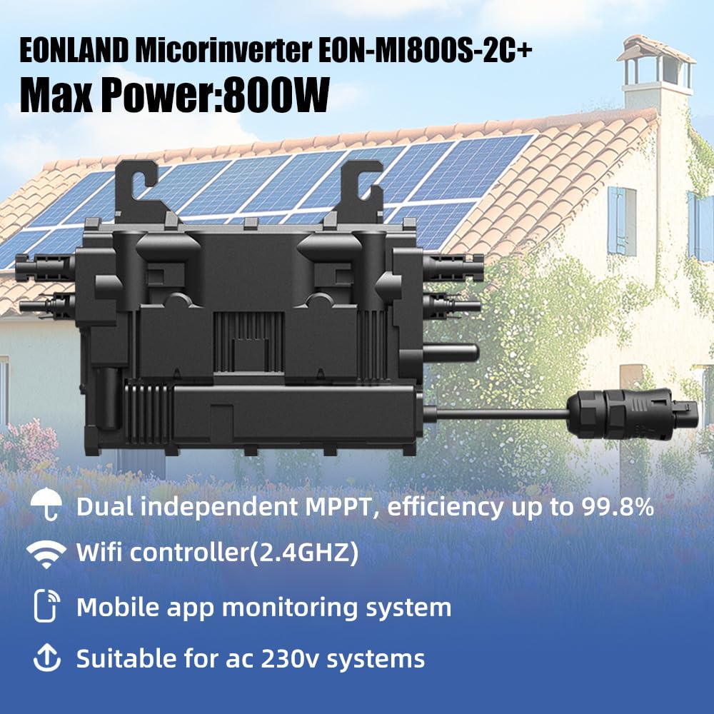 EON-MI800S - Micro inverter 800 W, doppio MPPT, 16-60 V DC, controllo app WiFi e Bluetooth, plug & play, IP67, certificato VDE, leggero, ideale per centrali elettriche da balcone
