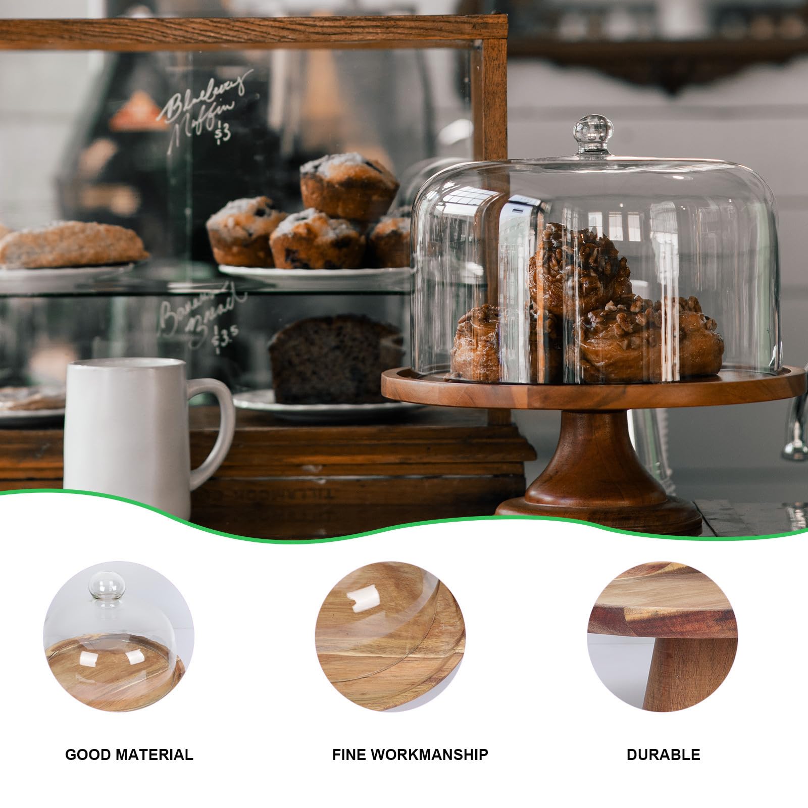 Bandeja de Madera para Postres con Tapa de Cristal, Expositor Natural para Fiestas y Cumpleaños, Soporte para Cupcakes y Servir Alimentos