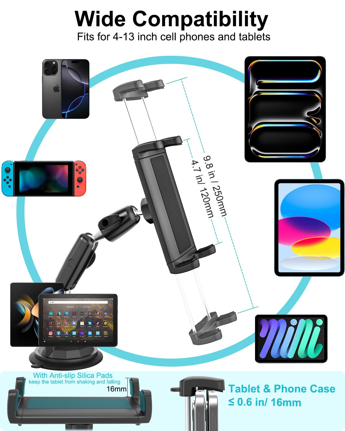 Soporte Tablet Ventosa Fuerte [Brazo Aluminio Robusto] Soporte Tablet Coche Salpicadero Parabrisas Rotación de 360° para iPad 10,9 iPad 12.9 Air Mini, Galaxy Tab, iPhone, 4-13" Tableta