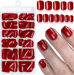 LuckForever 240pc Dark Red Press on Nails Short Square Fake Nails with Adhesive Tabs, Short Acrylic Nails Press ons Nail Red Glue on Nails Square False Artificial Fingernail for Women Girls Kids