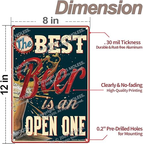 Miniatura 3 de Letrero divertido de bar o cueva de hombre con texto en inglés "The Best Beer is an Open One"  Letreros de cerveza de metal vintage duraderos de 12