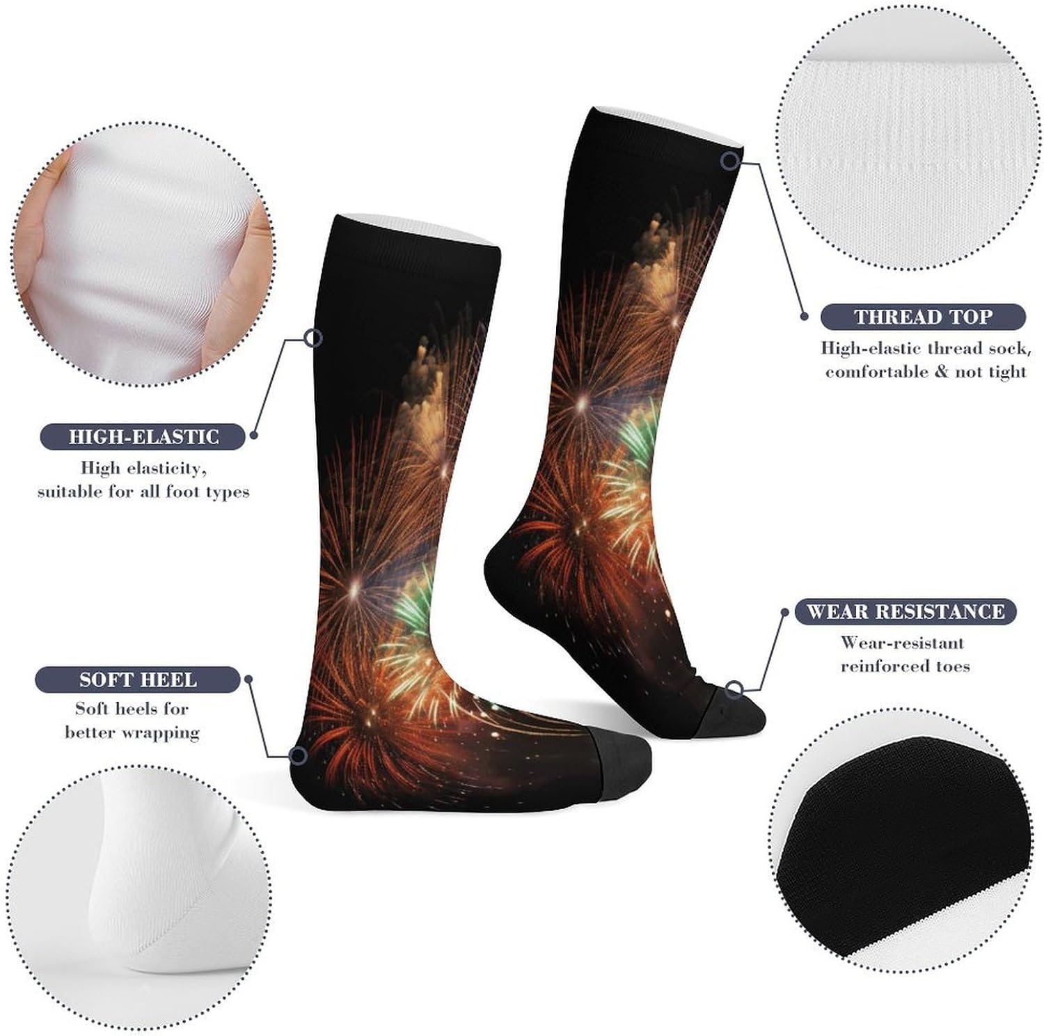 Splendid Fireworks Compression Sock Circulation Support Socks Lightweight Knee High Tube Sock Over-The-Calf Sock for Adult