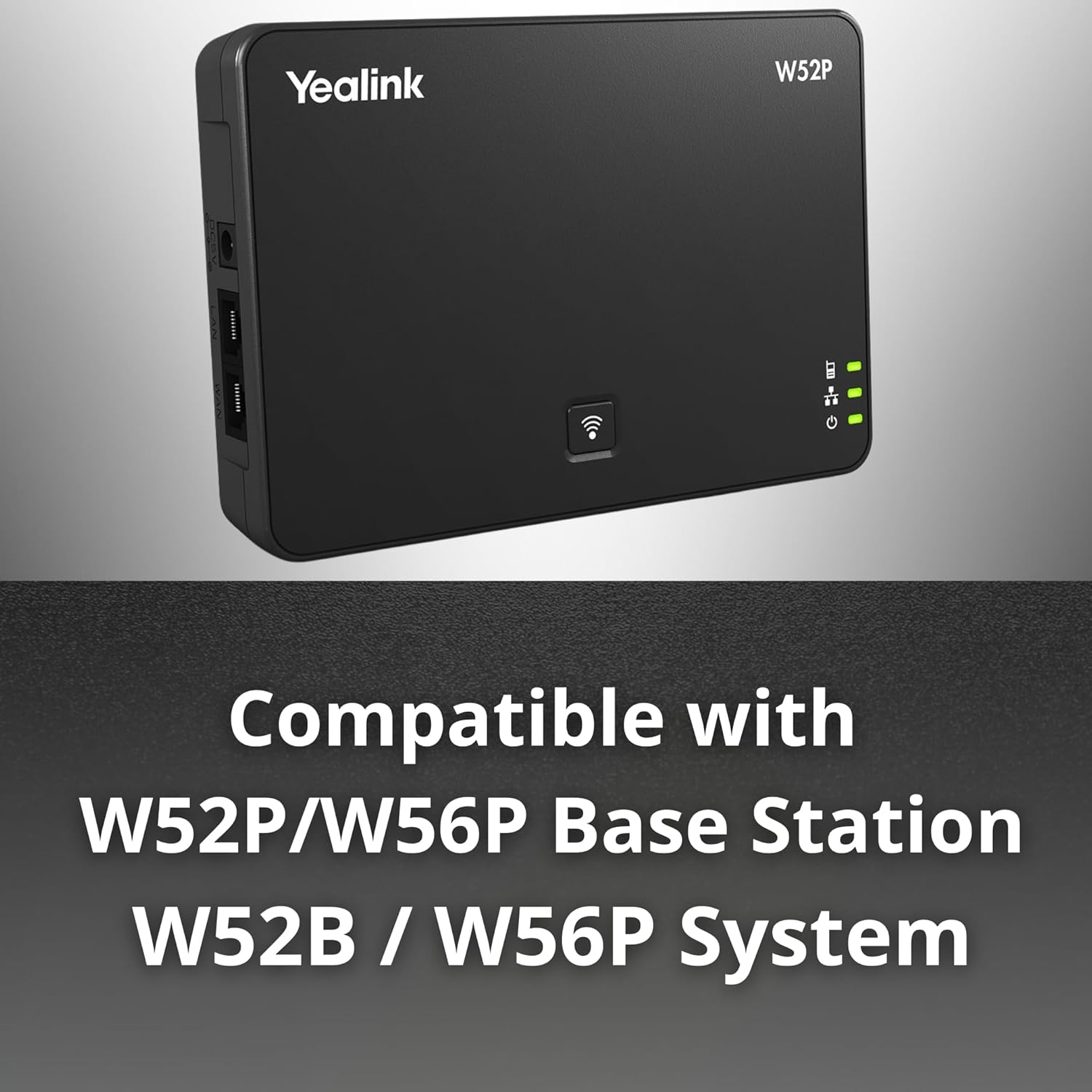A Yealink W52P base station, indicating its compatibility with the RT30 repeater.