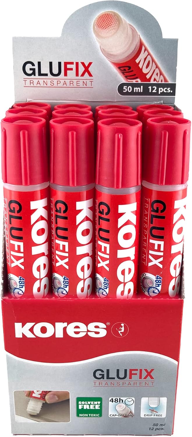 Kores - Glufix, Liquid and Transparent Glue, Drip-Free, Non-Toxic Craft Glue for Arts and Crafts, School and Office Supplies, Pack of 12 x 50 ml