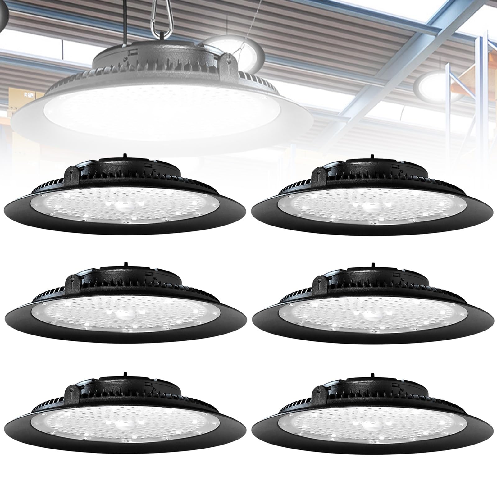 UFO LED High Bay Light 100W 150W 200W 6 Pack ETL CE UL Listed 6000K 22000LM High Bay