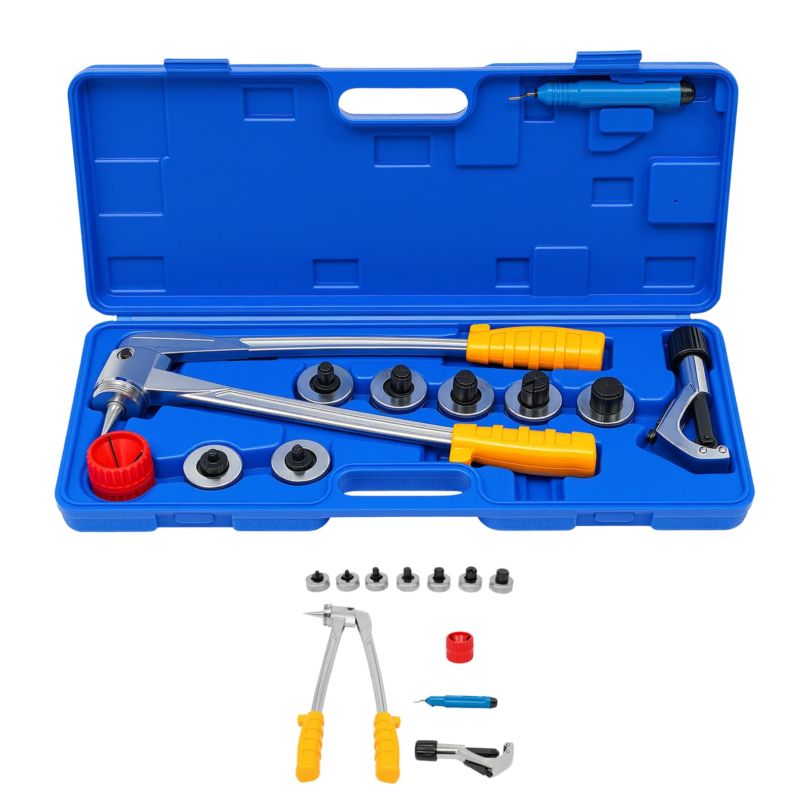 Juego de ampliadores de tubo de expansión de tubos, ancho de tubo manual de 10 – 28 mm, alicates de ensanchamiento con bolsa de transporte y 7 cabezales expansores intercambiables permiten ensanchar