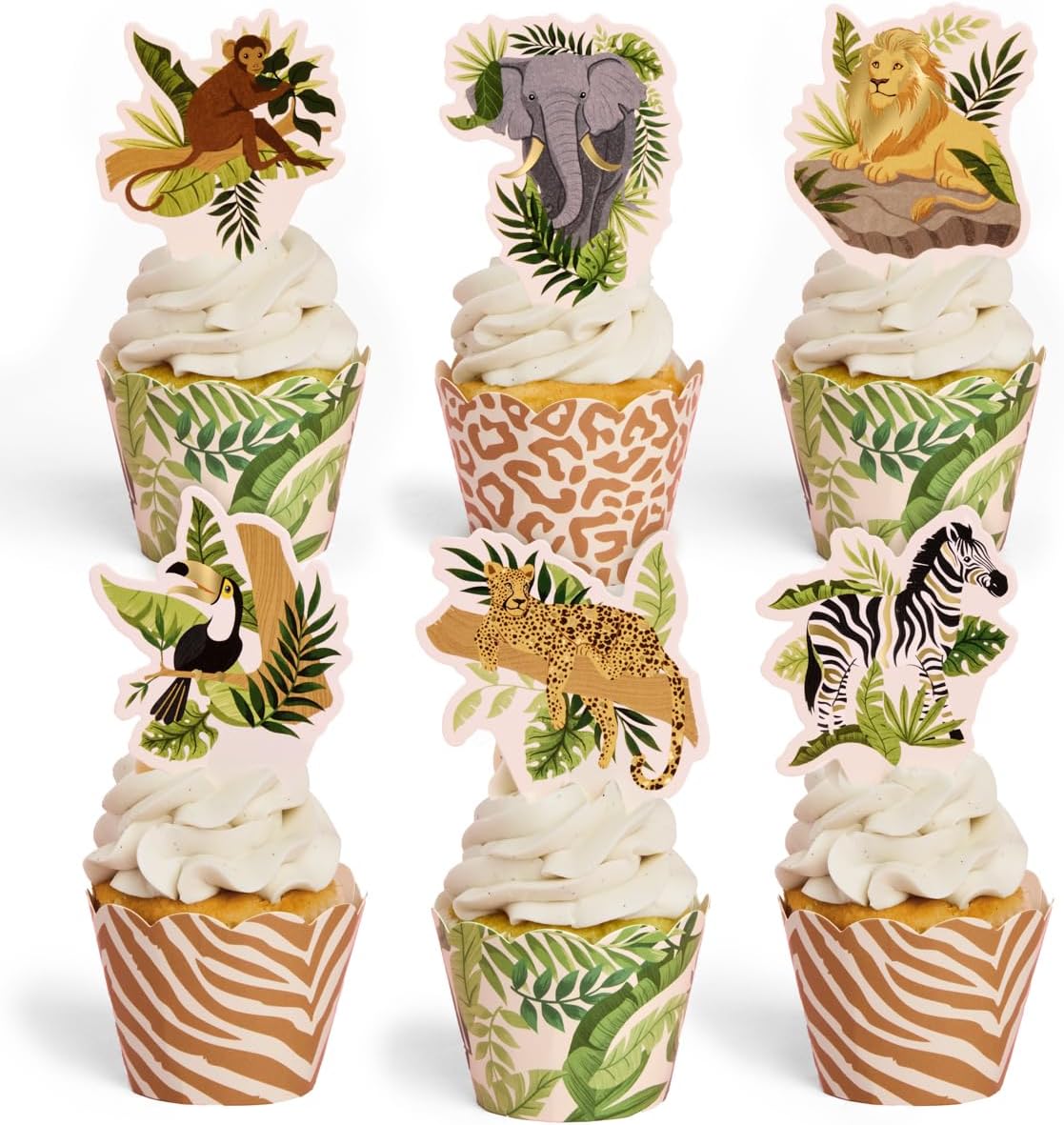 xo, Fetti Safari Cupcake Toppers and Wrappers - 24 Pc Set | Kids Birthday, Baby Shower, Wild One Party, Jungle Animals, Gold Foil, Cheetah Zebra Print