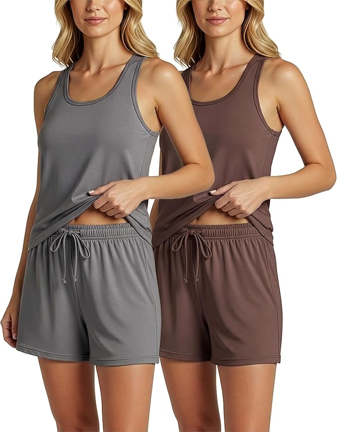 Real Essentials 4 Piece: Women's Super-Soft Tank Top and Short Pajama Set - Loungewear Sleepwear (Available in Plus Size)